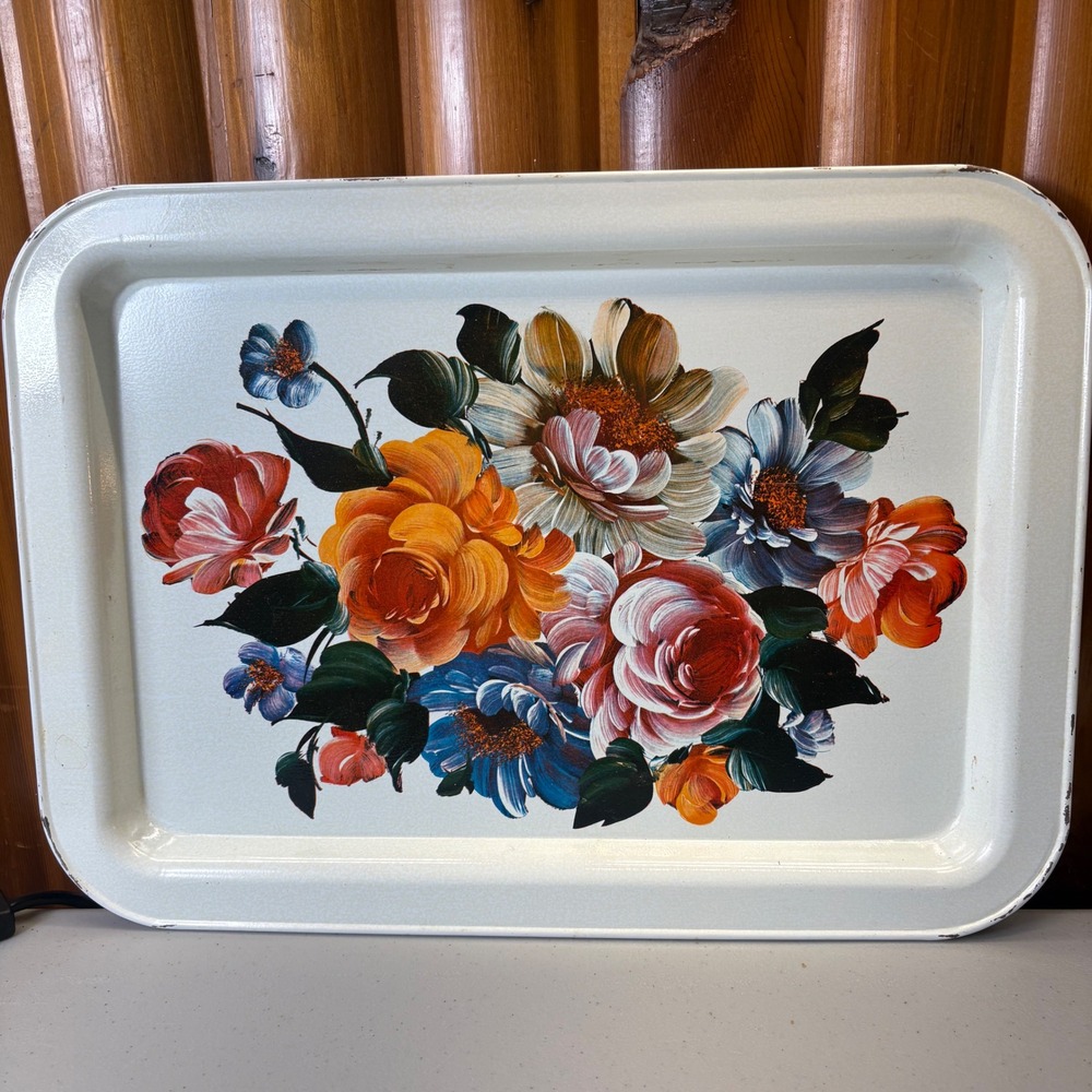 Vintage Floral Metal Serving Tray Retro 60s 70s Rectangular 17x12 Flower Bouquet